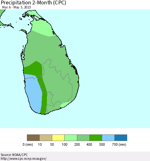 Sri Lanka Precipitation 2-Month (CPC) Thematic Map For 3/6/2023 - 5/5/2023