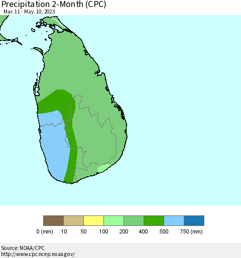 Sri Lanka Precipitation 2-Month (CPC) Thematic Map For 3/11/2023 - 5/10/2023