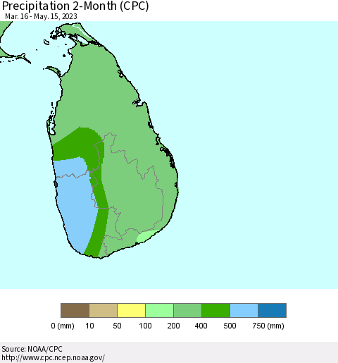 Sri Lanka Precipitation 2-Month (CPC) Thematic Map For 3/16/2023 - 5/15/2023