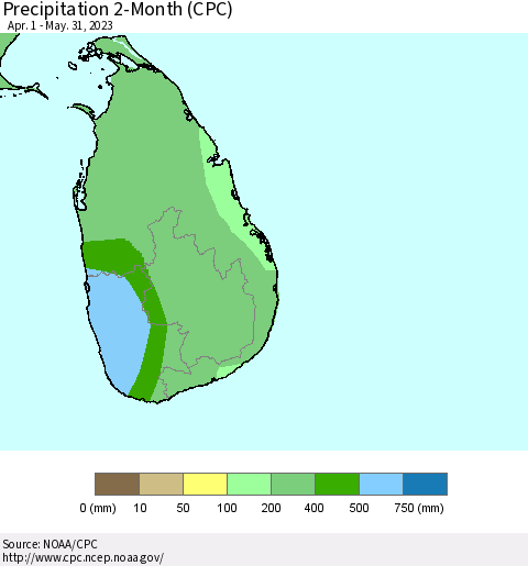 Sri Lanka Precipitation 2-Month (CPC) Thematic Map For 4/1/2023 - 5/31/2023