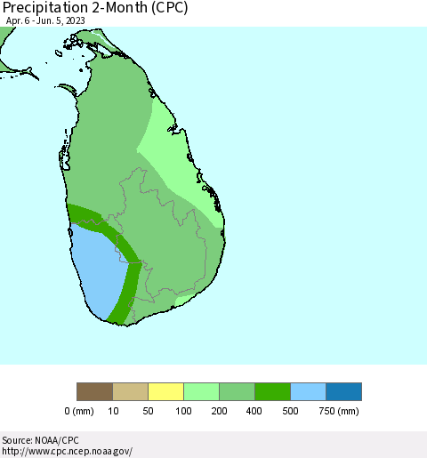 Sri Lanka Precipitation 2-Month (CPC) Thematic Map For 4/6/2023 - 6/5/2023