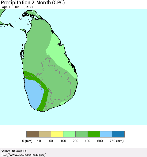 Sri Lanka Precipitation 2-Month (CPC) Thematic Map For 4/11/2023 - 6/10/2023