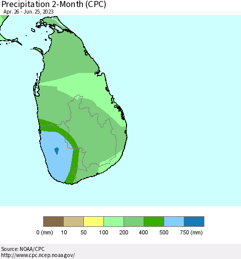 Sri Lanka Precipitation 2-Month (CPC) Thematic Map For 4/26/2023 - 6/25/2023