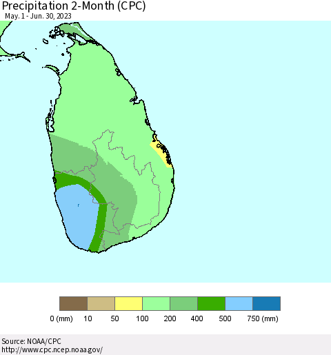 Sri Lanka Precipitation 2-Month (CPC) Thematic Map For 5/1/2023 - 6/30/2023