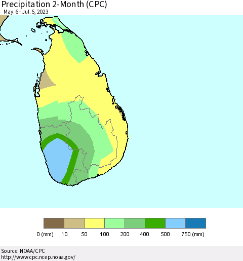 Sri Lanka Precipitation 2-Month (CPC) Thematic Map For 5/6/2023 - 7/5/2023
