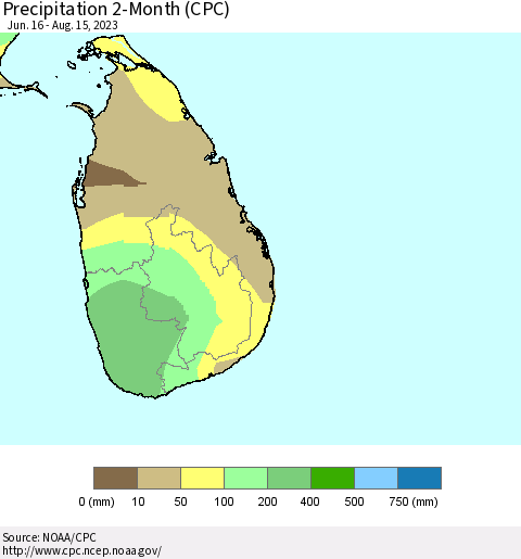 Sri Lanka Precipitation 2-Month (CPC) Thematic Map For 6/16/2023 - 8/15/2023