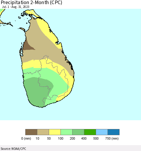 Sri Lanka Precipitation 2-Month (CPC) Thematic Map For 7/1/2023 - 8/31/2023