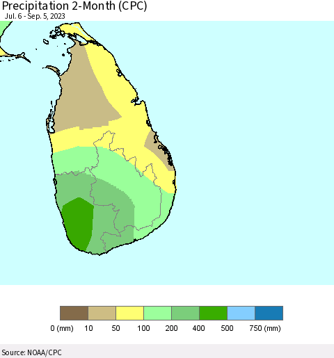Sri Lanka Precipitation 2-Month (CPC) Thematic Map For 7/6/2023 - 9/5/2023