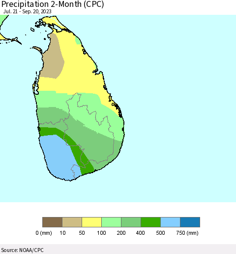 Sri Lanka Precipitation 2-Month (CPC) Thematic Map For 7/21/2023 - 9/20/2023