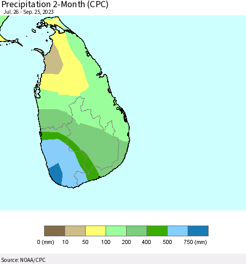 Sri Lanka Precipitation 2-Month (CPC) Thematic Map For 7/26/2023 - 9/25/2023