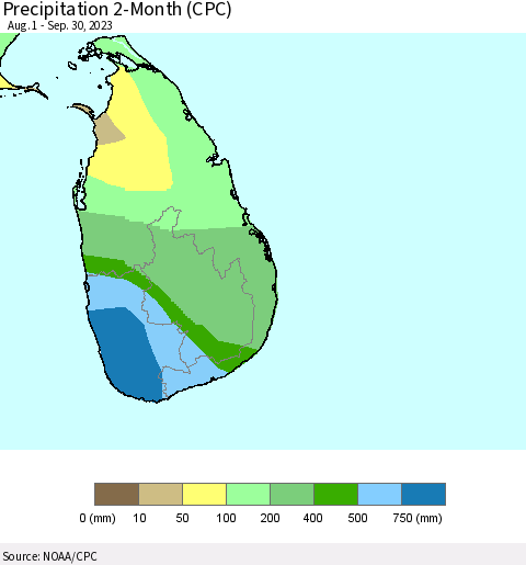 Sri Lanka Precipitation 2-Month (CPC) Thematic Map For 8/1/2023 - 9/30/2023