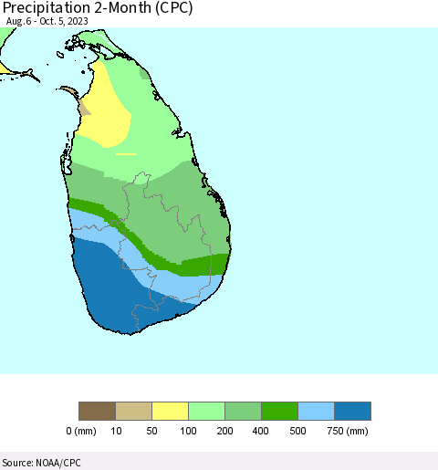 Sri Lanka Precipitation 2-Month (CPC) Thematic Map For 8/6/2023 - 10/5/2023