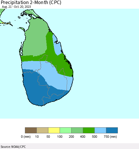 Sri Lanka Precipitation 2-Month (CPC) Thematic Map For 8/21/2023 - 10/20/2023
