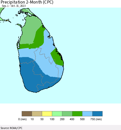 Sri Lanka Precipitation 2-Month (CPC) Thematic Map For 9/1/2023 - 10/31/2023