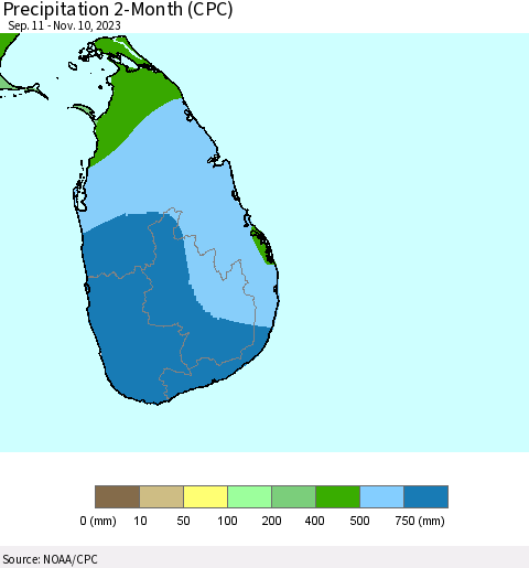 Sri Lanka Precipitation 2-Month (CPC) Thematic Map For 9/11/2023 - 11/10/2023