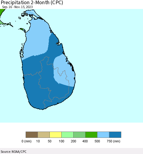Sri Lanka Precipitation 2-Month (CPC) Thematic Map For 9/16/2023 - 11/15/2023