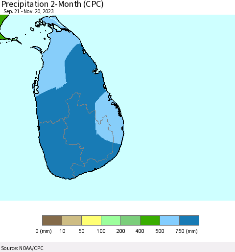 Sri Lanka Precipitation 2-Month (CPC) Thematic Map For 9/21/2023 - 11/20/2023