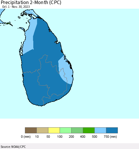 Sri Lanka Precipitation 2-Month (CPC) Thematic Map For 10/1/2023 - 11/30/2023