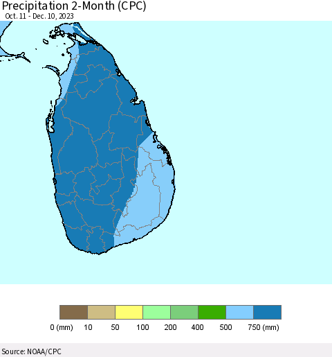 Sri Lanka Precipitation 2-Month (CPC) Thematic Map For 10/11/2023 - 12/10/2023