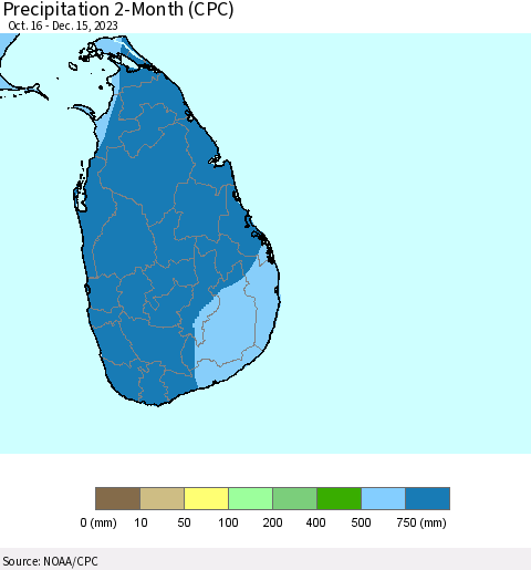Sri Lanka Precipitation 2-Month (CPC) Thematic Map For 10/16/2023 - 12/15/2023