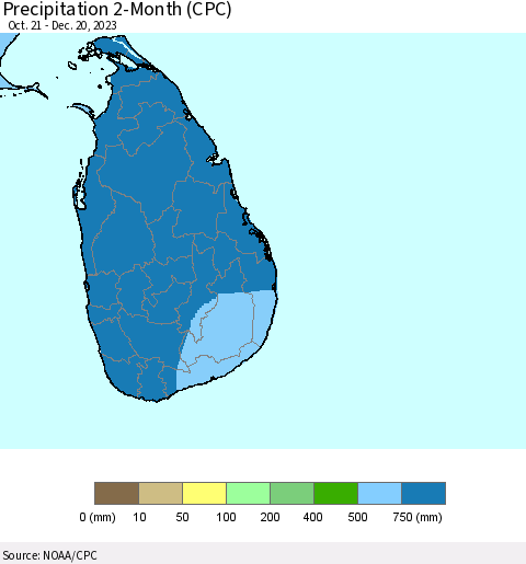 Sri Lanka Precipitation 2-Month (CPC) Thematic Map For 10/21/2023 - 12/20/2023