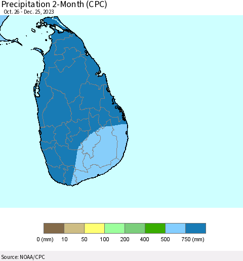 Sri Lanka Precipitation 2-Month (CPC) Thematic Map For 10/26/2023 - 12/25/2023