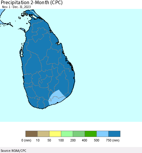 Sri Lanka Precipitation 2-Month (CPC) Thematic Map For 11/1/2023 - 12/31/2023
