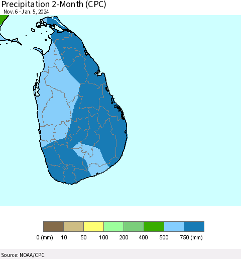 Sri Lanka Precipitation 2-Month (CPC) Thematic Map For 11/6/2023 - 1/5/2024