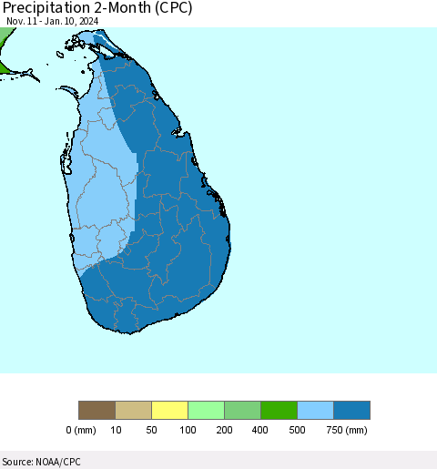 Sri Lanka Precipitation 2-Month (CPC) Thematic Map For 11/11/2023 - 1/10/2024