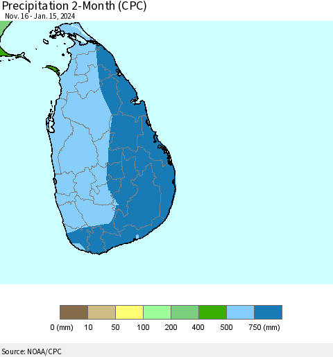 Sri Lanka Precipitation 2-Month (CPC) Thematic Map For 11/16/2023 - 1/15/2024