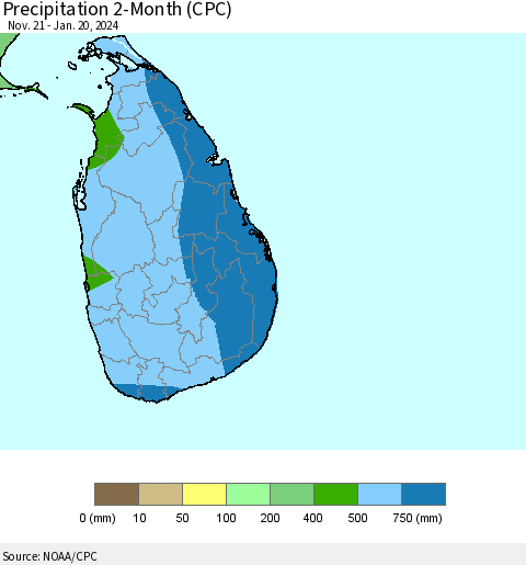 Sri Lanka Precipitation 2-Month (CPC) Thematic Map For 11/21/2023 - 1/20/2024