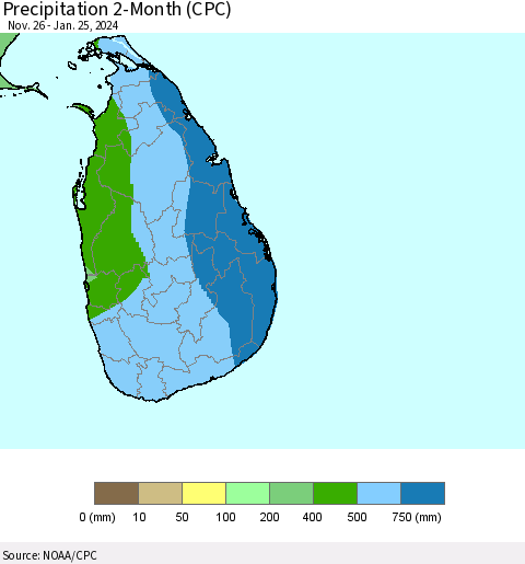 Sri Lanka Precipitation 2-Month (CPC) Thematic Map For 11/26/2023 - 1/25/2024