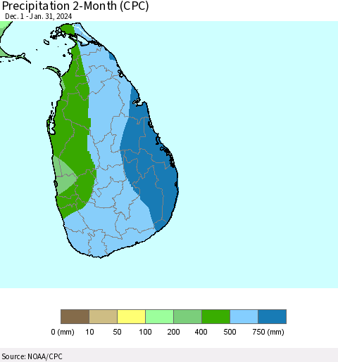 Sri Lanka Precipitation 2-Month (CPC) Thematic Map For 12/1/2023 - 1/31/2024