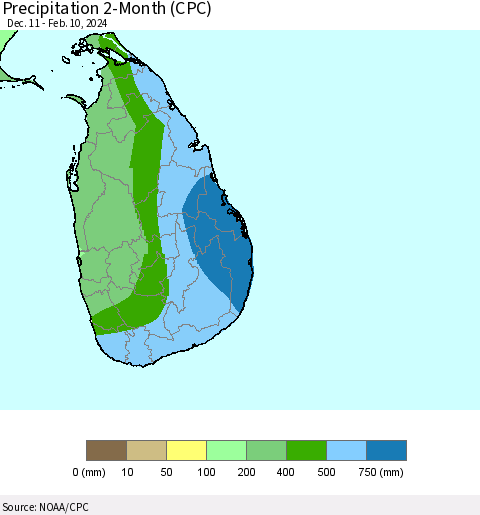 Sri Lanka Precipitation 2-Month (CPC) Thematic Map For 12/11/2023 - 2/10/2024