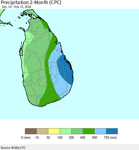 Sri Lanka Precipitation 2-Month (CPC) Thematic Map For 12/16/2023 - 2/15/2024
