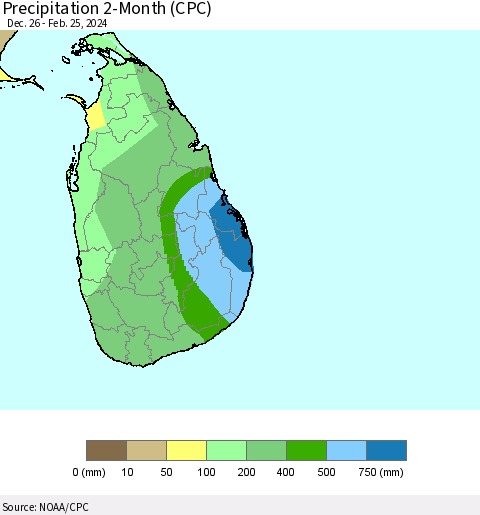 Sri Lanka Precipitation 2-Month (CPC) Thematic Map For 12/26/2023 - 2/25/2024