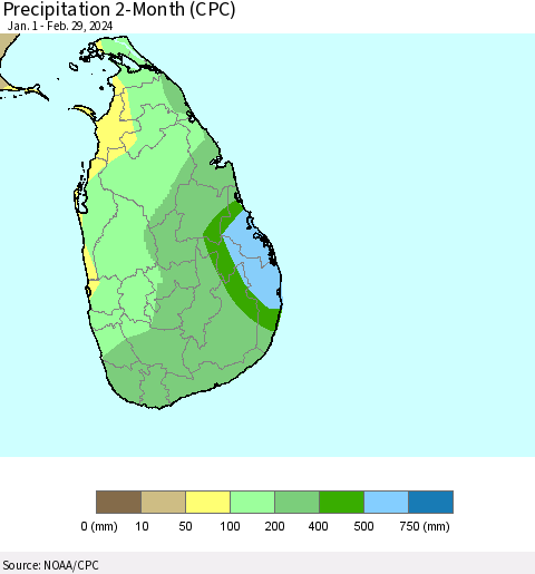 Sri Lanka Precipitation 2-Month (CPC) Thematic Map For 1/1/2024 - 2/29/2024