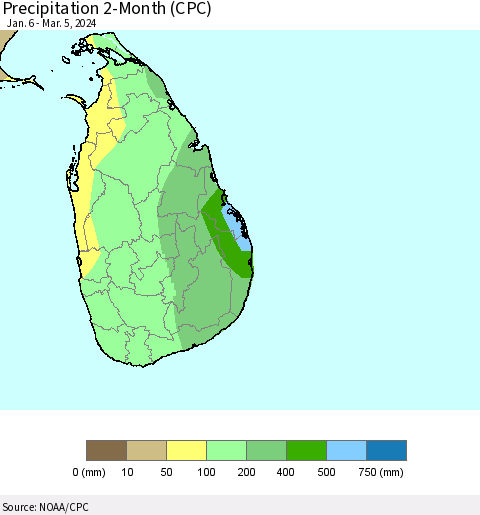 Sri Lanka Precipitation 2-Month (CPC) Thematic Map For 1/6/2024 - 3/5/2024