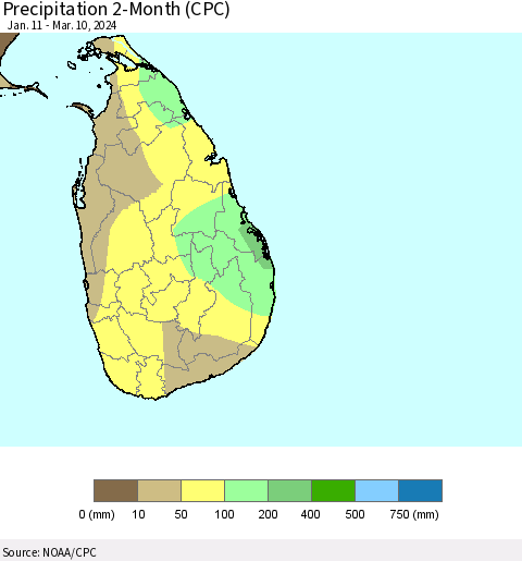 Sri Lanka Precipitation 2-Month (CPC) Thematic Map For 1/11/2024 - 3/10/2024