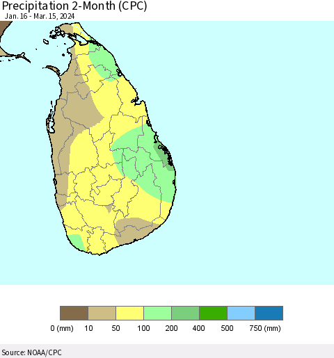 Sri Lanka Precipitation 2-Month (CPC) Thematic Map For 1/16/2024 - 3/15/2024