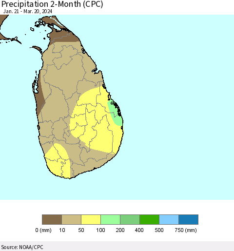 Sri Lanka Precipitation 2-Month (CPC) Thematic Map For 1/21/2024 - 3/20/2024