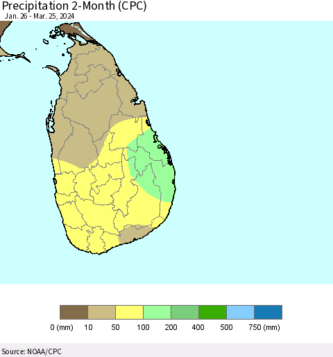 Sri Lanka Precipitation 2-Month (CPC) Thematic Map For 1/26/2024 - 3/25/2024