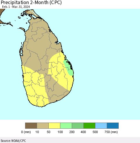 Sri Lanka Precipitation 2-Month (CPC) Thematic Map For 2/1/2024 - 3/31/2024