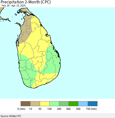 Sri Lanka Precipitation 2-Month (CPC) Thematic Map For 2/16/2024 - 4/15/2024