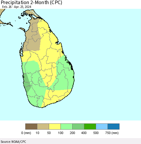 Sri Lanka Precipitation 2-Month (CPC) Thematic Map For 2/26/2024 - 4/25/2024