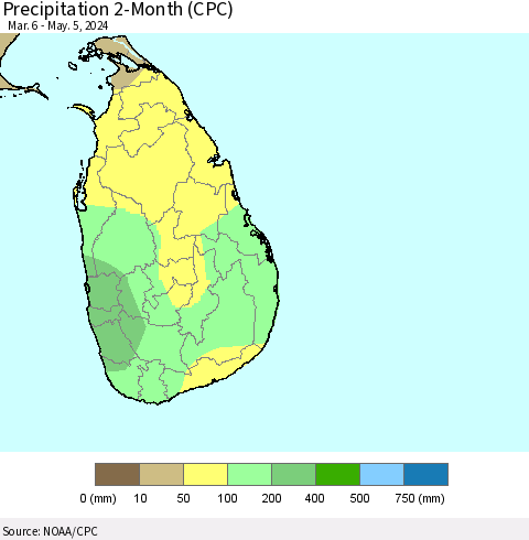 Sri Lanka Precipitation 2-Month (CPC) Thematic Map For 3/6/2024 - 5/5/2024
