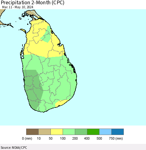 Sri Lanka Precipitation 2-Month (CPC) Thematic Map For 3/11/2024 - 5/10/2024