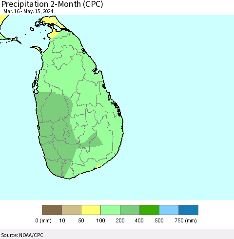 Sri Lanka Precipitation 2-Month (CPC) Thematic Map For 3/16/2024 - 5/15/2024