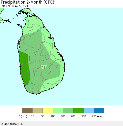 Sri Lanka Precipitation 2-Month (CPC) Thematic Map For 3/21/2024 - 5/20/2024