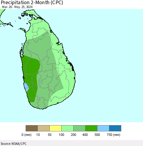 Sri Lanka Precipitation 2-Month (CPC) Thematic Map For 3/26/2024 - 5/25/2024
